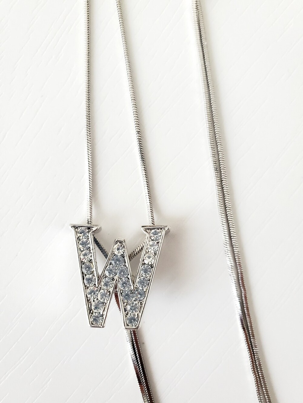 Silver Crystal 'W' Initial Lariat Necklace